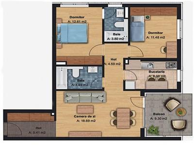 Apartament 3 camere, decomandat, cu 2 bai, semifinisat, Buna Ziua