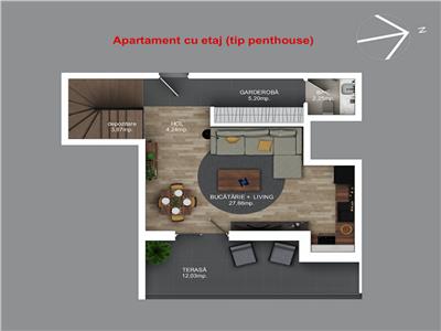 Penthouse 3 camere, S91 mp.+12 mp Terasa, bloc nou, Buna Ziua