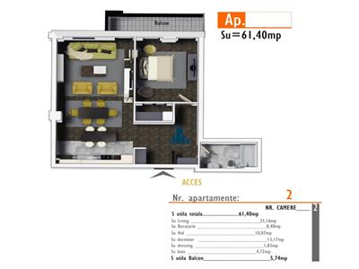 Apartament 2 camere 61 mp + 6 mp. balcon, etaj 1/6, Marasti