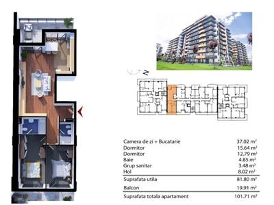 Apartament 3 camere, S82mp+20mp terasa, parcare, Grand Park, Sopor