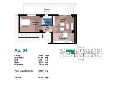 Apartament 2 camere, S 60 mp + 29 mp, terasa  bloc nou, Europa.