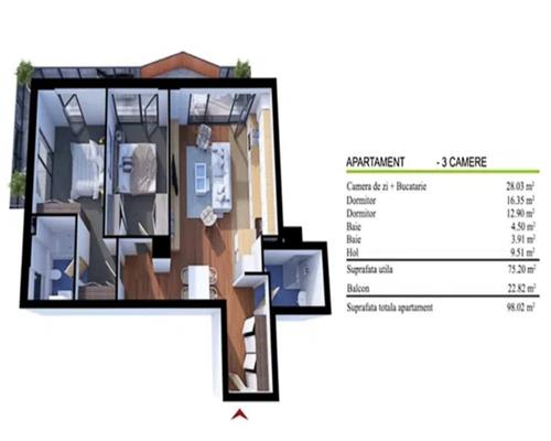 Apartament 3 camere,  S75mp+23mp terasa, Sopor